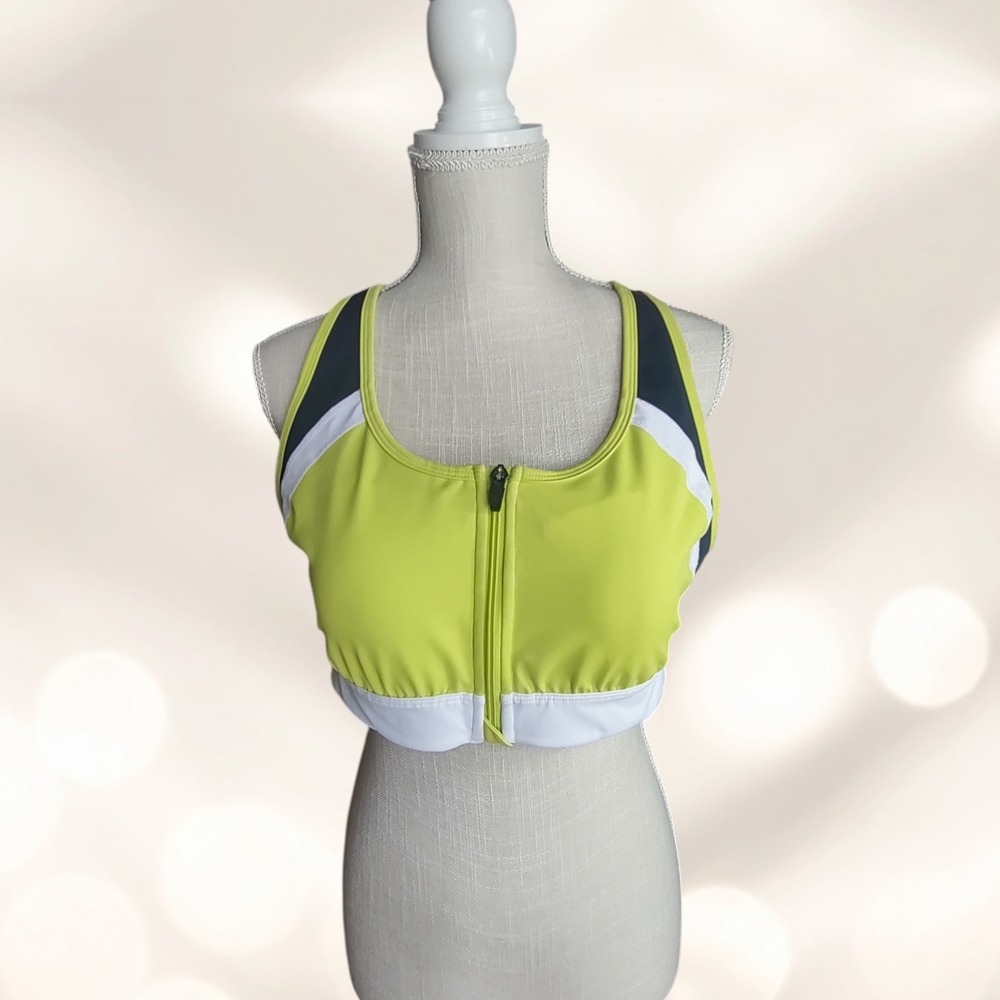 Fila Neon Lime Zip-Front Sports Bra with White & Dark Gray Accents